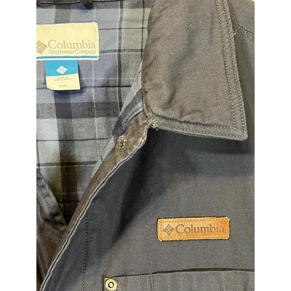 Columbia Lodge Chore Coat Jacket Mens XXL Navy Blanket Leather‎ Patch Canvas 90s